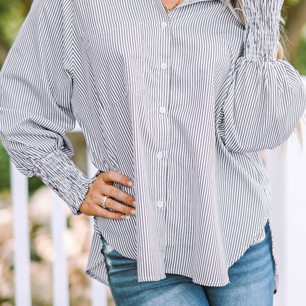Smocked Cuffed Striped Boyfriend Shirt with Pocket - Picture 14 of 14